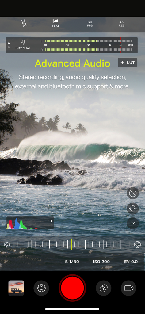 Pro Camera by Moment - Video recording interface of Pro Camera by Moment with manual controls and audio meters