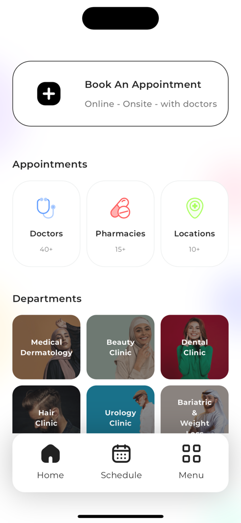 Novomed Centers - Novomed Centers app interface showing appointment booking and medical departments