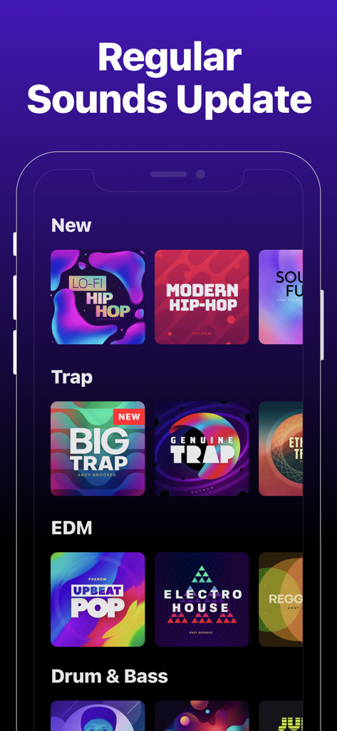 Groovepad music app interface showing a library of sound packs for Trap EDM and Hip Hop
