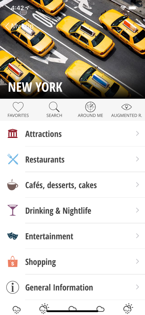 ColletteCompass - Interface of the ColletteCompass app showing travel categories for New York including attractions, restaurants, and shopping.