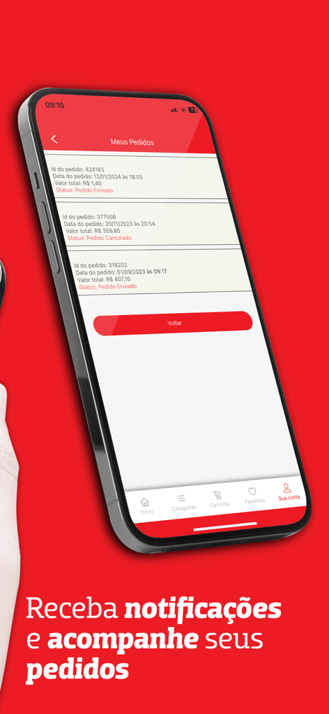 상태와 함께 최근 구매 목록을 표시하는 Potiguar Home Center 앱의 주문 추적 화면