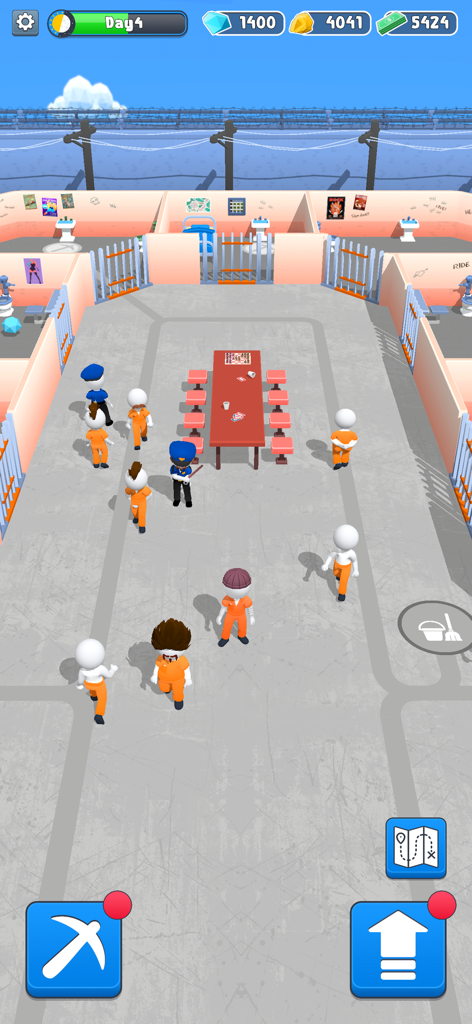 Prison Break-Out - Vista de arriba hacia abajo de prisioneros y guardias en un patio de prisión del juego Prison Breakout