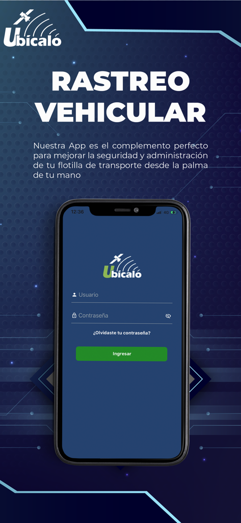 Pantalla de inicio de sesión de Ubicalo App para rastreo de vehículos y gestión de flotas