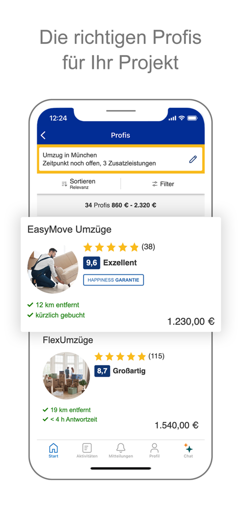 CHECK24 - CHECK24 app screen comparing professional moving services in Munich with prices and ratings