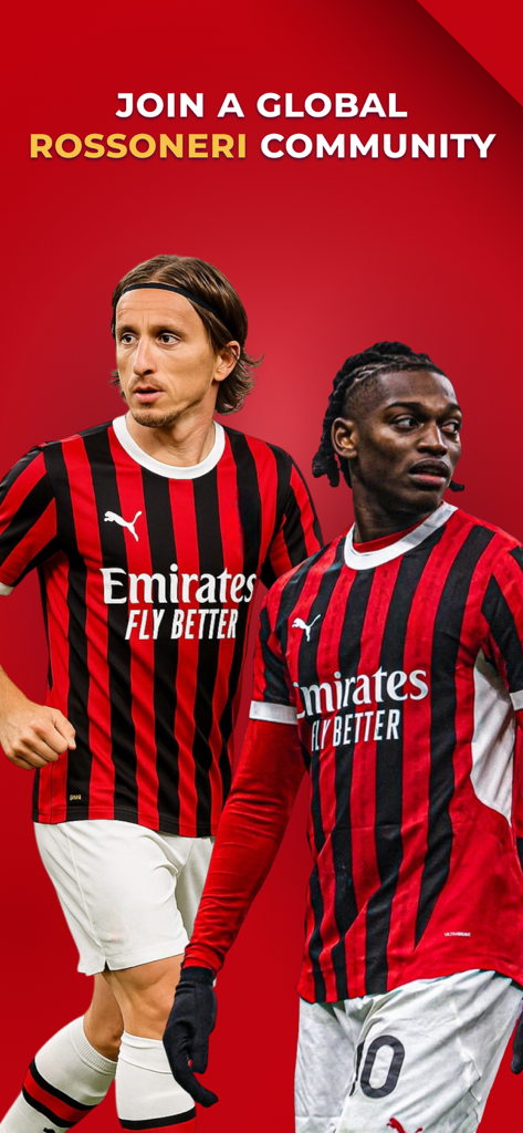 Two soccer players in red and black AC Milan jerseys promoting a global fan community