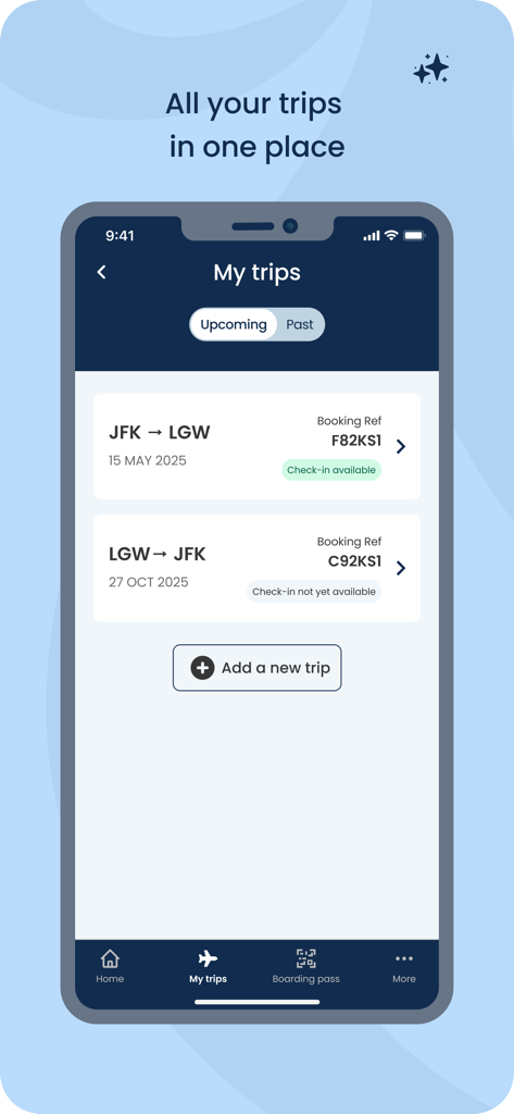 A smartphone screen showing the My trips section of the Norse Atlantic Airways app with upcoming flight bookings between New York JFK and London Gatwick.