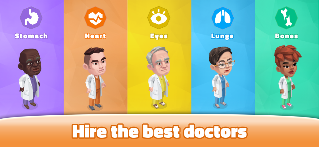 Five cartoon doctors representing different medical specialties like heart and lungs with text hire the best doctors