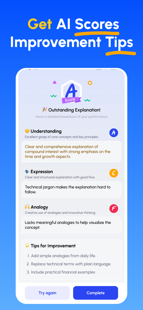 Feynman AI: Explain to Learn - Interfaz de la aplicación Feynman AI mostrando una evaluación de la explicación de un estudiante con calificaciones y consejos de mejora
