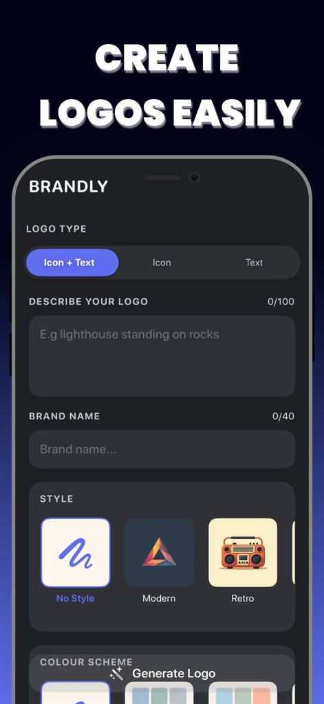 Logo Maker AI - Brandly - Brandly app interface for designing custom logos using AI prompts and styles