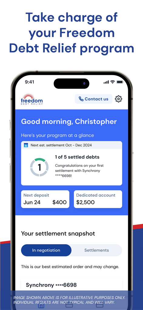 Freedom Debt Relief - Freedom Debt Relief app dashboard displaying settlement progress and dedicated account balance