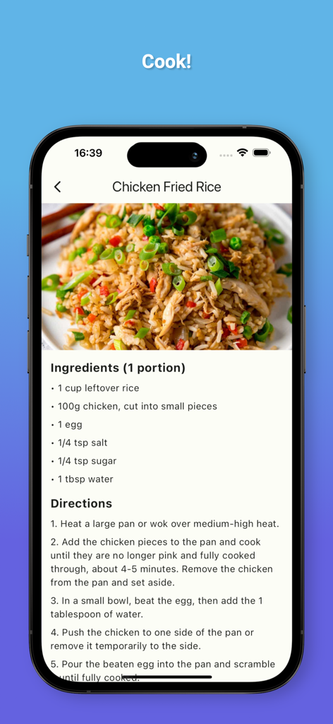 PantryChef mobile app displaying a recipe for chicken fried rice including ingredients and step-by-step cooking instructions.
