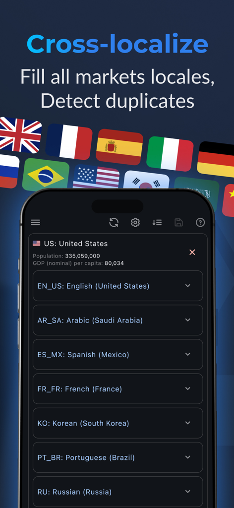 Interfaz de localización cruzada de ASO.dev para gestionar ubicaciones y metadatos globales de la tienda de aplicaciones.