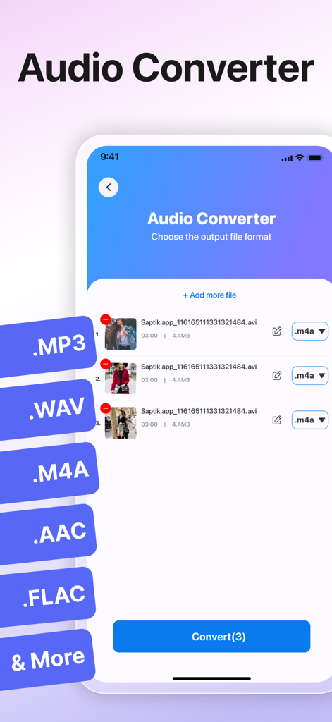 Audio Converter - Music editor - Interfaz de la aplicación convertidora de audio mostrando múltiples opciones de formato de archivo para conversión por lotes