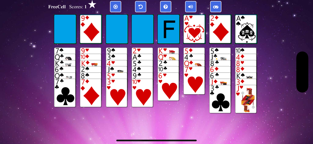 FreeCell Solitaire - - Classic FreeCell Solitaire game interface with a purple galaxy background