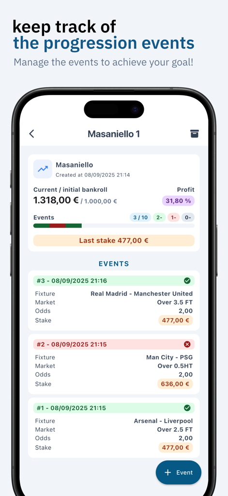 Betting Stake app interface tracking Masaniello progression events and bankroll profit.