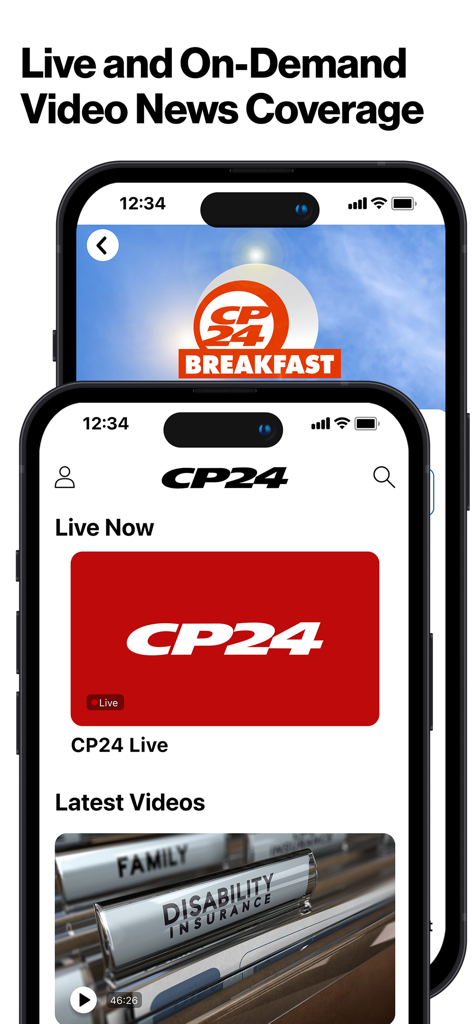 CP24 mobile app interface showing live and on demand video news coverage