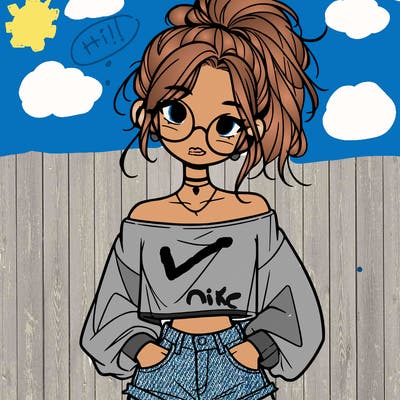 girl with a messy ponytail glasses a baggy crop top and jean shorts