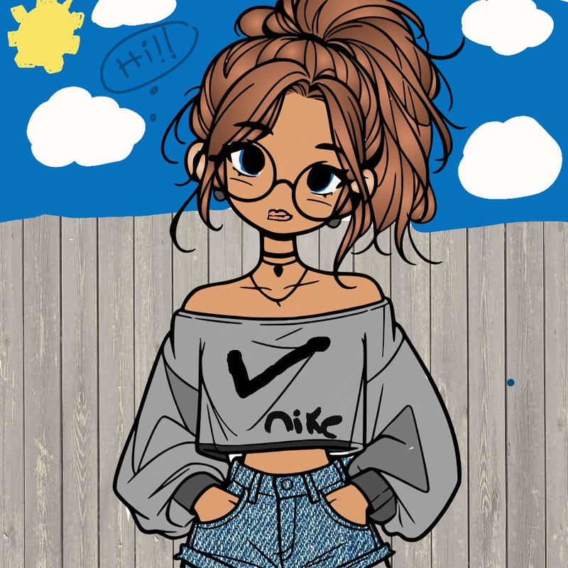girl with a messy ponytail glasses a baggy crop top and jean shorts