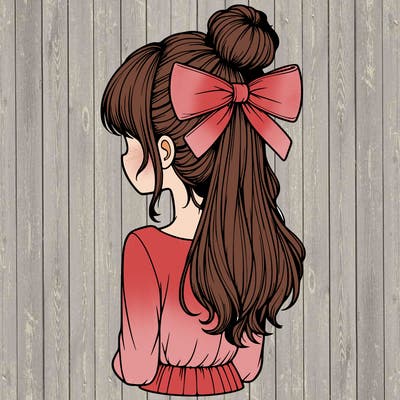 realistic girl  with hip length hair a bun and a big bow on the back of head