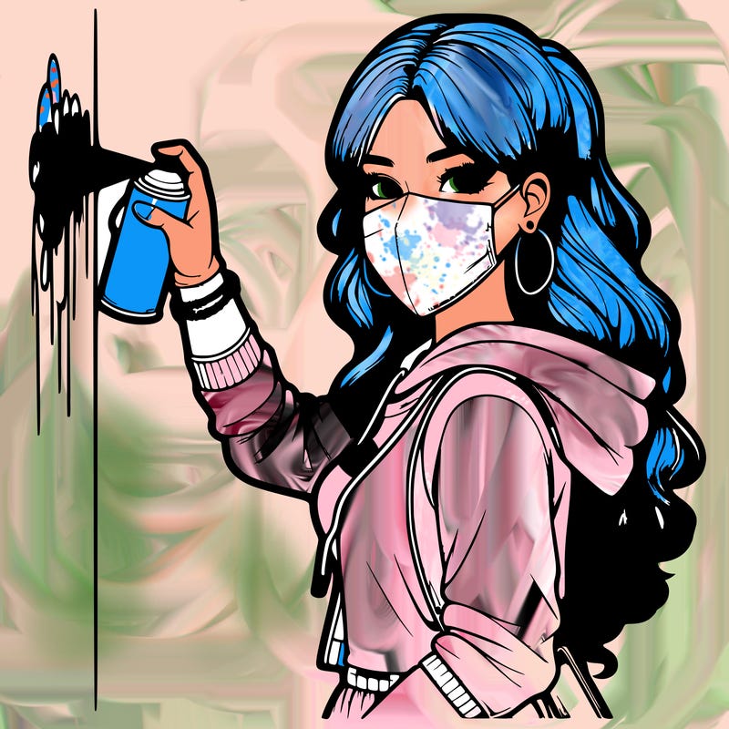 realistic girl with mask spray painting a wall