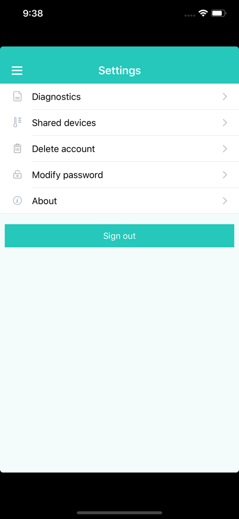 Settings interface of the Hi-Smart AC app featuring diagnostics and account management options