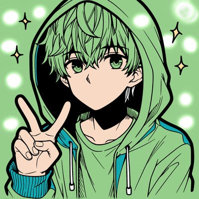 teenage manga boy in a hoodie, doing ✌