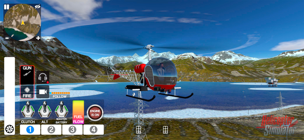 Helicopter Simulator 2026 - Red helicopter flying over a mountain lake with on-screen flight controls in Helicopter Simulator 2026