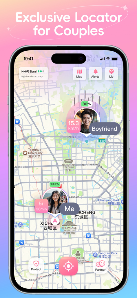 SeekU CPL app interface showing real-time GPS location and battery status for a couple on a map.