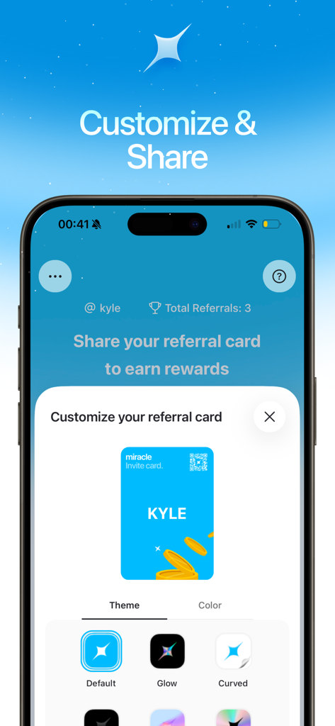 Miracle - Trading Reimagined - Uma tela de aplicativo móvel mostrando opções para personalizar e compartilhar um cartão de indicação digital para a plataforma Miracle.