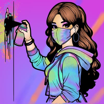 realistic girl with mask spray painting a wall