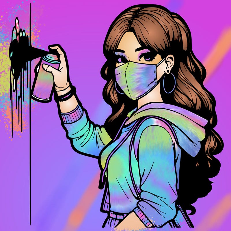 realistic girl with mask spray painting a wall