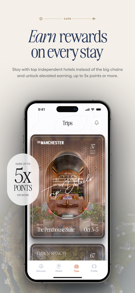 Journey | Loyalty Rewards - Smartphone screen of the Journey app showing upcoming trips and rewards for boutique hotel stays