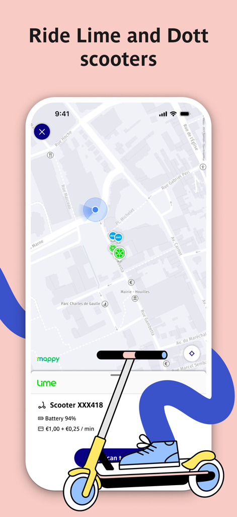 パリの地図上にリアルタイムのLimeおよびDottスクーターの場所とレンタル価格を表示するBonjour RATPモバイルアプリのインターフェース