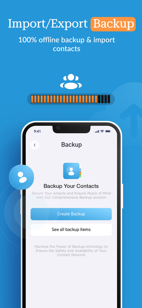Sync Contact for Google & more - Smartphone screen showing the offline contact backup and import interface in the Sync Contact app