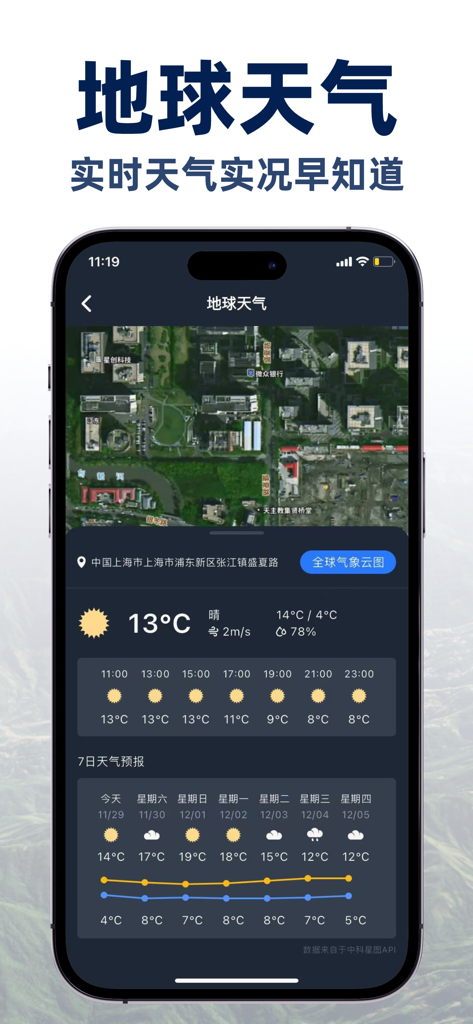 Smartphone interface showing integrated satellite map and real-time weather forecast with a 7-day outlook.