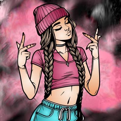 realistic teenage girl with braids and a beanie and crop top doing 🫶🏼