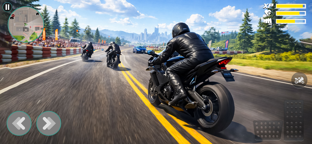 Gangster Bike Racing Simulator - A high speed motorcycle race on a city highway with bikers competing on a sunny day.