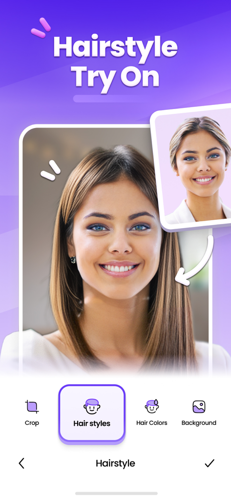 Hair Changer Editor AI Filters - A woman using the AI hairstyle try-on feature to preview a long straight hair style in the app interface.