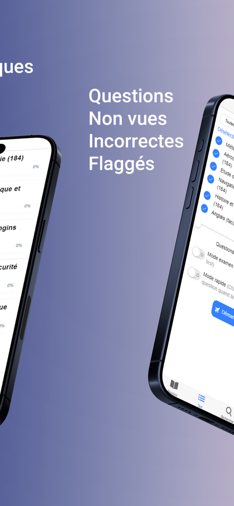 BIA France 2015-2026 Annales - Interface of the BIA France app showing exam modes and study questions for aviation certification
