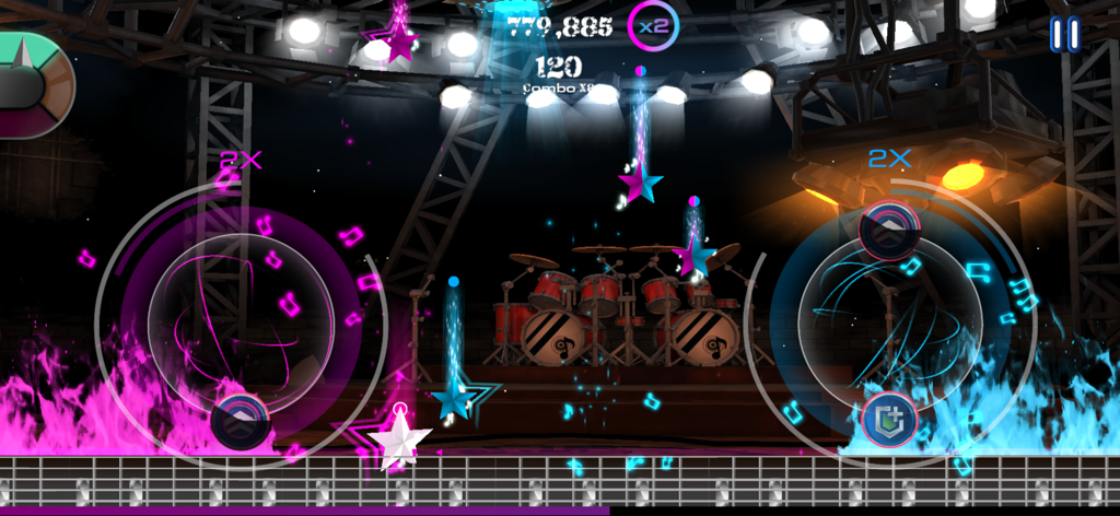 Ginst - Music Game - Gameplay interface of Ginst music game featuring a drum set stage and falling rhythm stars