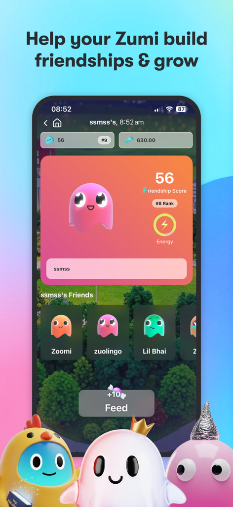 A mobile interface showing friendship scores and various ghost characters in the Zumichat app