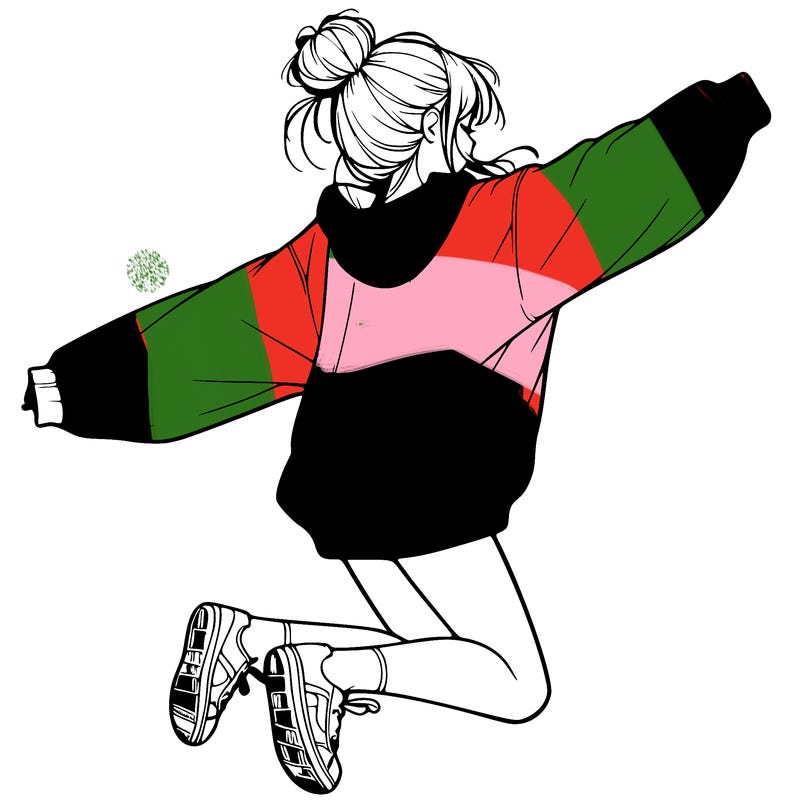 realistic girl jumping with a bun and oversized sweatshirt