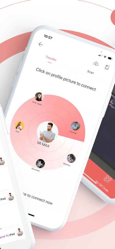 Zapya app interface showing a radar discovery screen to find and connect with nearby devices for file sharing