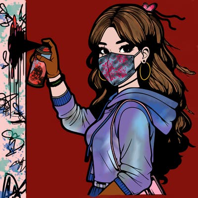 realistic girl with mask spray painting a wall