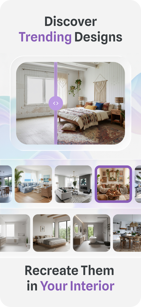 AI Home Design - ReRoomy - Eine Galerie angesagter Einrichtungsstile und ein Vorher-Nachher-Schlafzimmer-Makeover mit KI.