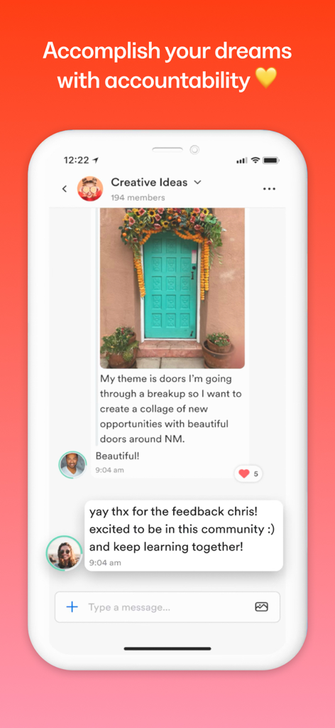 A screenshot of the Kajabi Communities app showing a group chat titled Creative Ideas with a photo of a turquoise door and user comments.