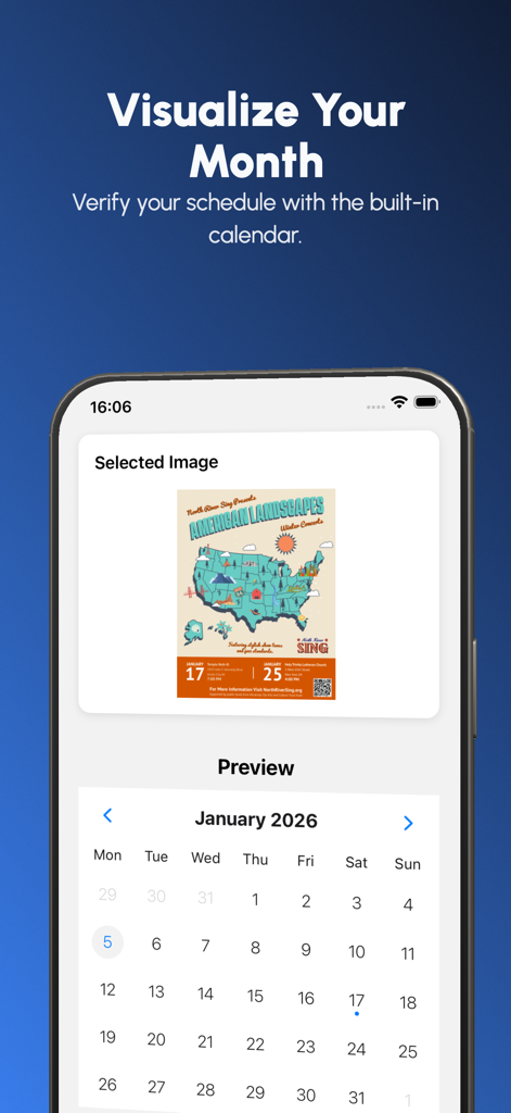 Photo2Calendar Scanner Planner - Pantalla de la aplicación que muestra un folleto de evento escaneado y sus fechas sincronizadas con un calendario mensual.