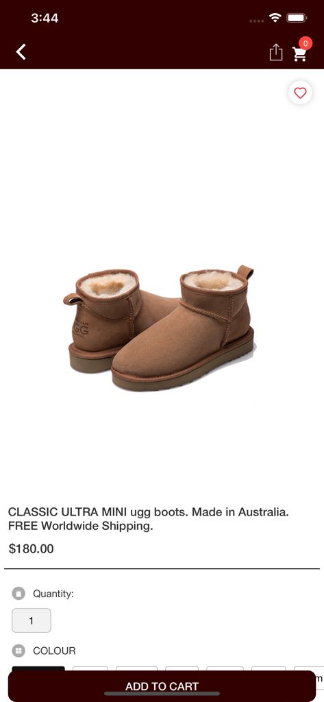 Original Australian Ugg USD - Product page for Classic Ultra Mini Ugg boots in the Original Australian Ugg app showing a pair of chestnut sheepskin boots.