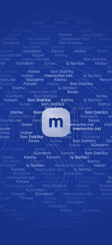 Écran de démarrage de l'application Memurlar.net avec un logo m central sur fond bleu et des mots-clés du secteur public turc
