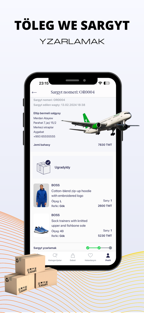 BEGRES - BEGRES mobile app screen showing order tracking details for BOSS luxury fashion items with an airplane icon indicating shipment status